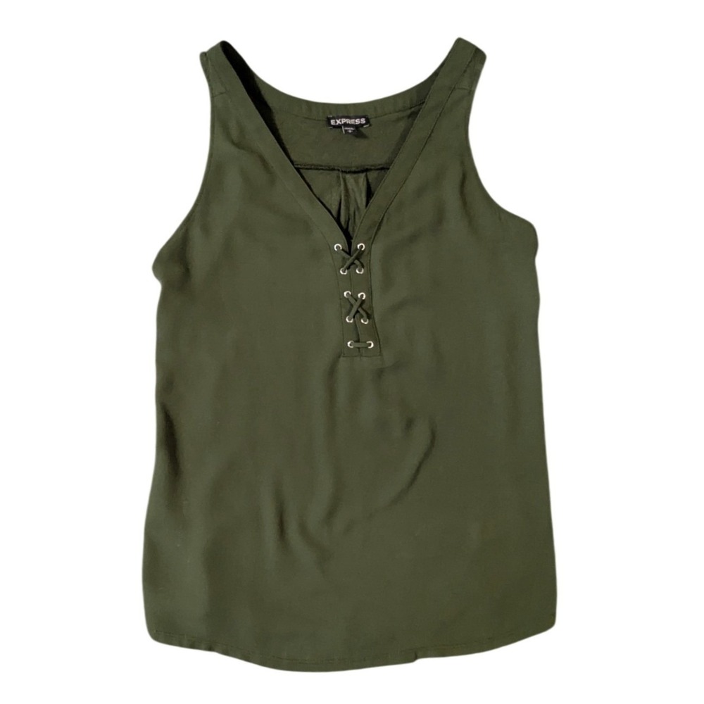 Express Womens Olive Green Lace Up V-Neck Tank Top Mixed Media Sleeveless Small